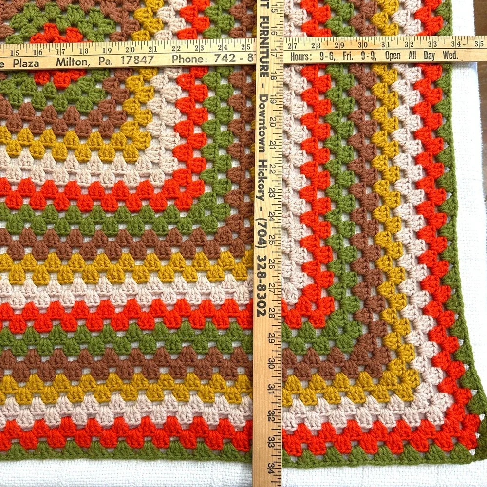 VTG 70s Granny‎ Square Crochet Baby Blanket Retro Orange Green Boho Stroller 34